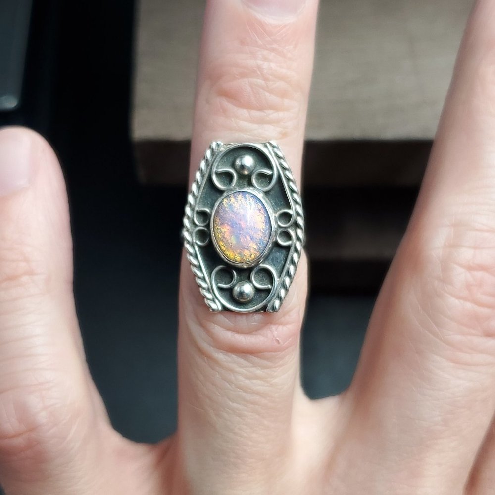 Size 5 Sterling Silver Cool Fancy Faux Opal Ring